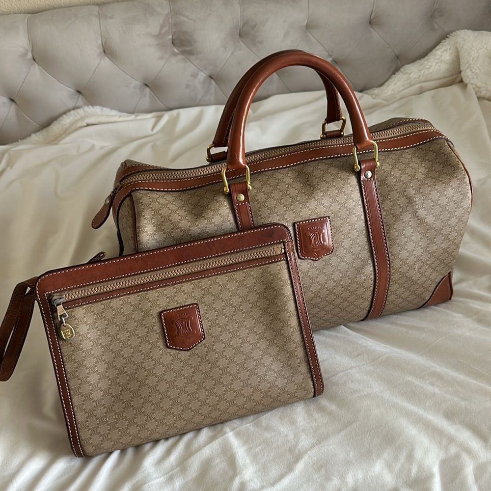 CELINE Travel/overnight bag leather coated canvas Macadam bag & wristlet set